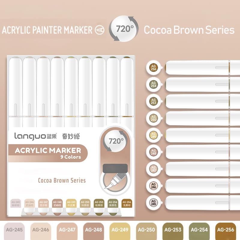 Yolaka Water Based Acrylic Paint Markers, 9 Colors Acrylic Paint Pens Set with Soft Brush Tip, Marker Pen for Rock Painting, Egg, Wood, Glass, Paper, Acrylic Painter Ink (Cocoa Brown) - Image 2